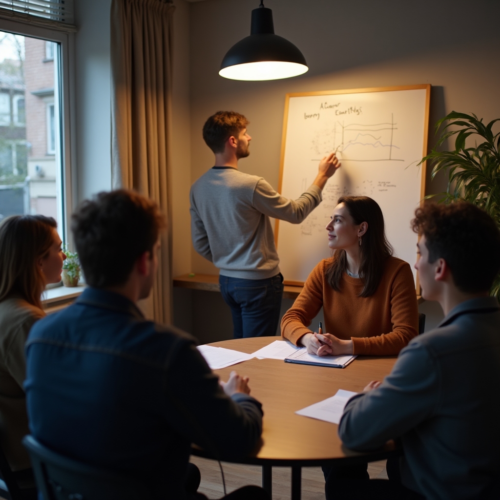 Piccolo gruppo di lavoro durante un workshop informale su come scegliere gli indicatori da seguire