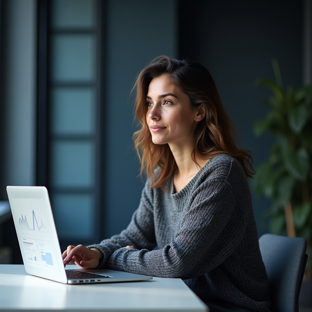 Professionista in ambiente ufficio moderno mentre osserva pensieroso uno schermo con indicatori di performance