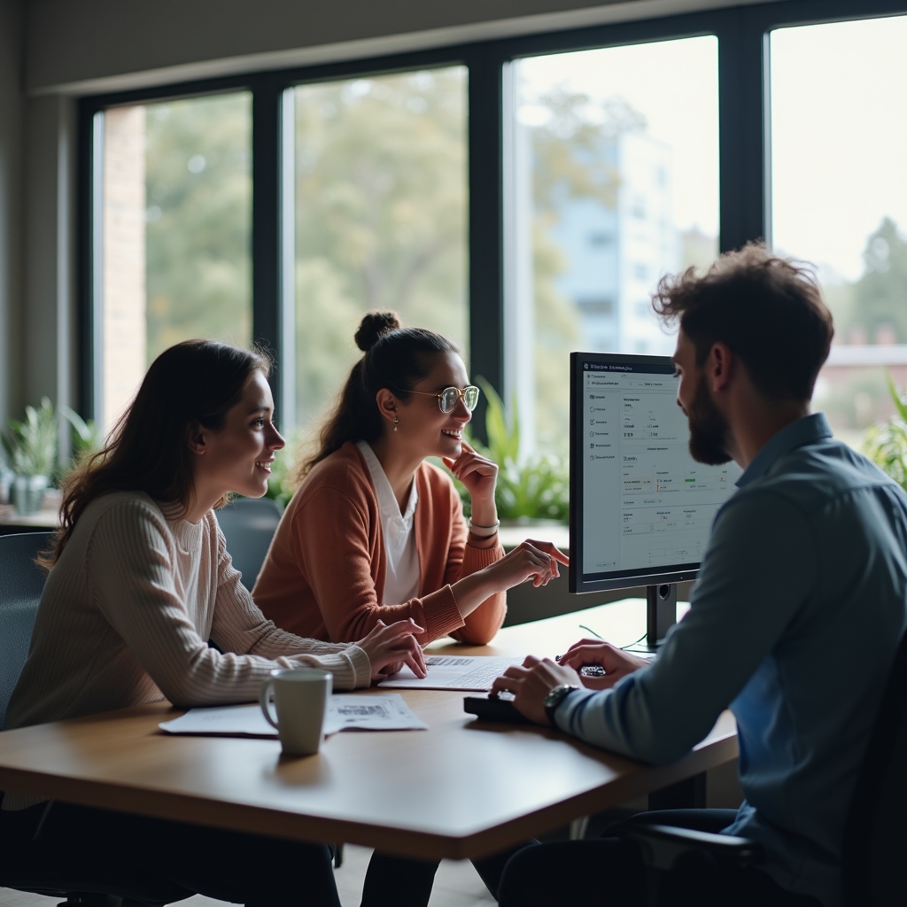 Team di supporto clienti seduto insieme a una scrivania condivisa mentre discute di alcune metriche